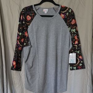 LuLaRoe Gray Top with Colorful Floral Sleeves